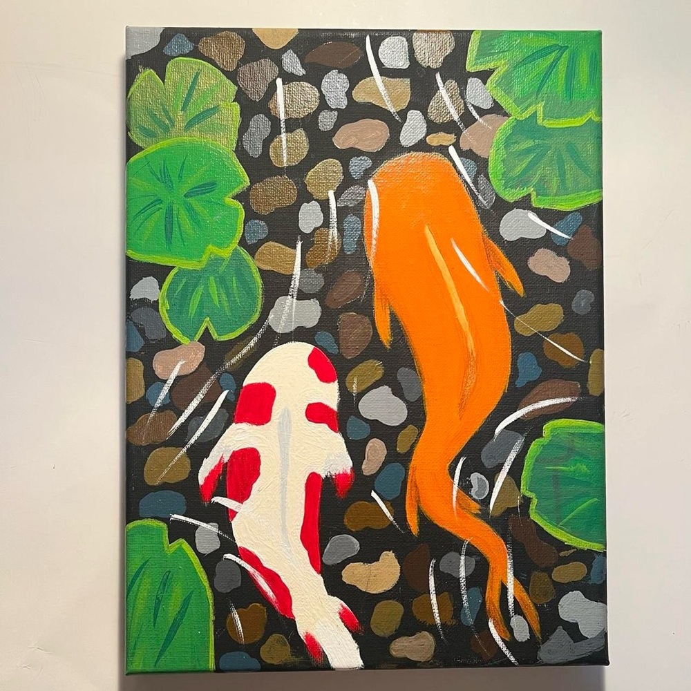 Fishes in Pond Painting 9x12 canvas